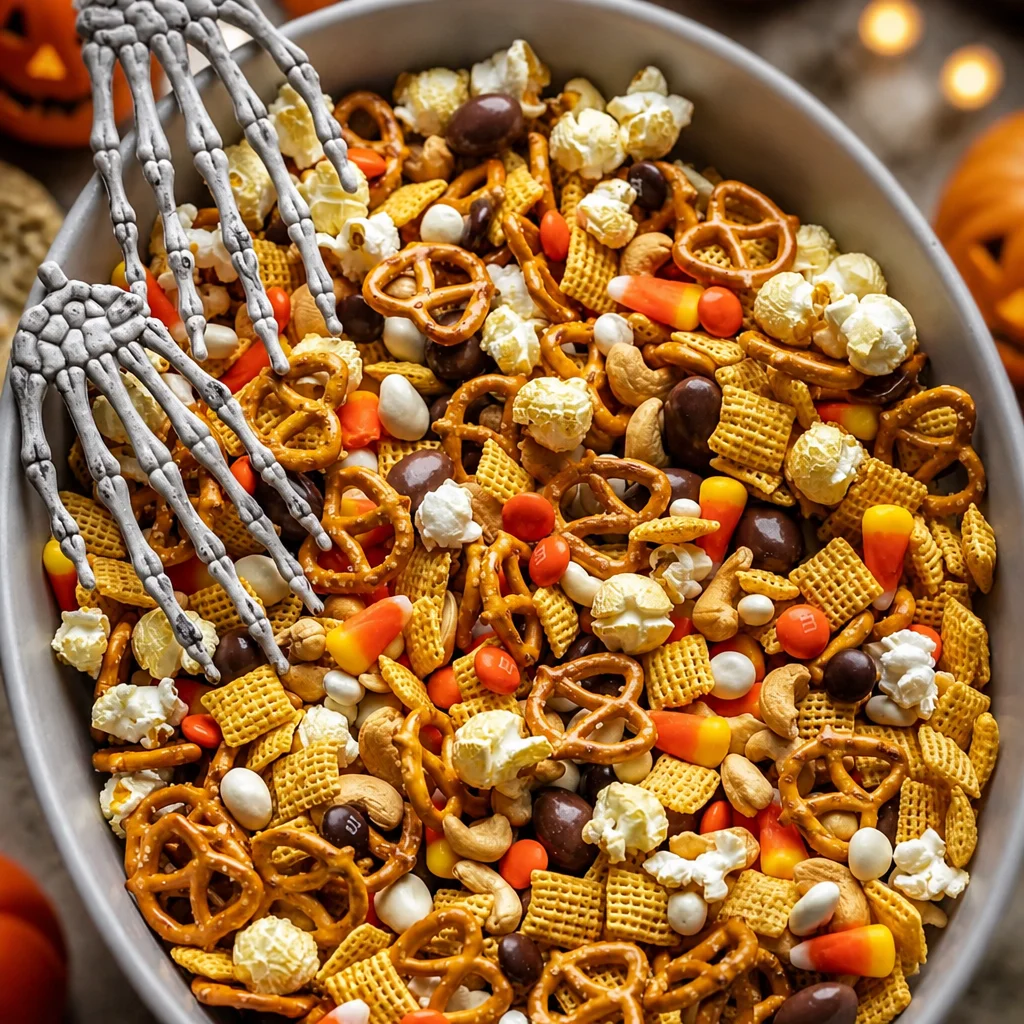 Easy Halloween Trail Mix Recipe with Chex cereal, pretzels, M&Ms, and candy corn.