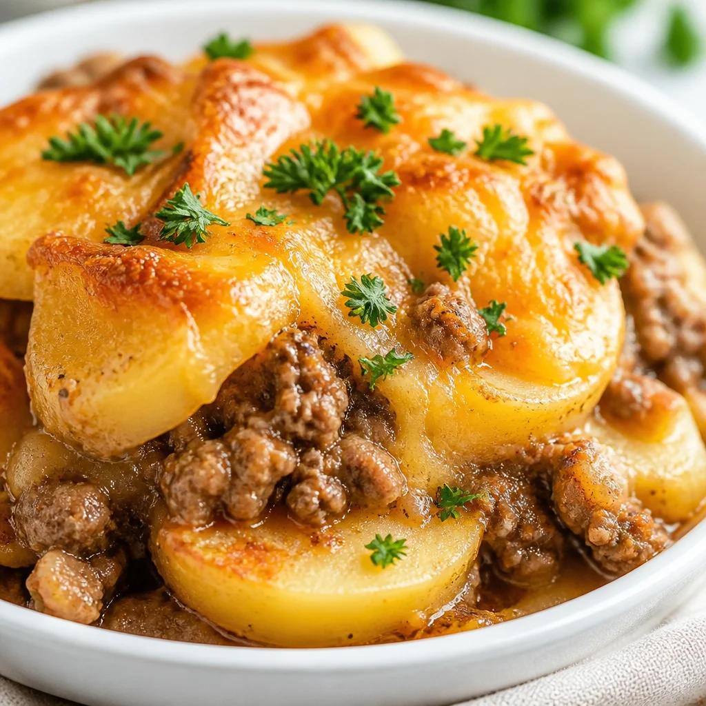 Delicious Hamburger Potato Casserole with ground beef and creamy sauce.