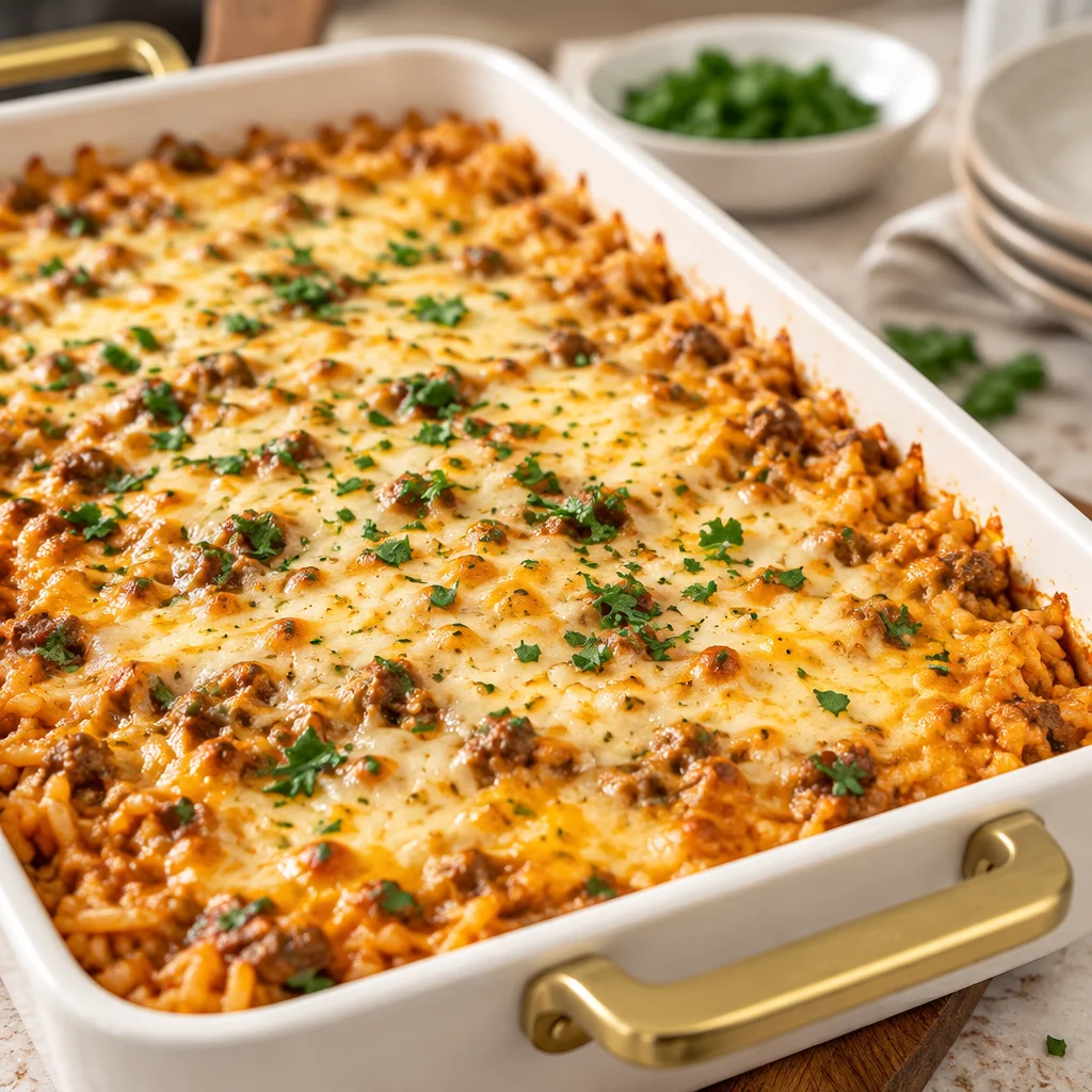 Easy Hamburger Rice Casserole with Cheesy Ground Beef and Rice