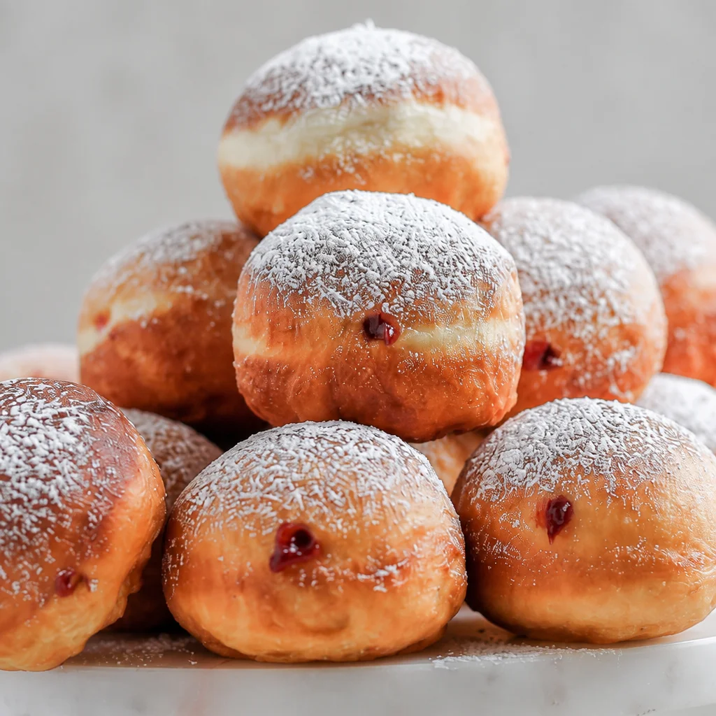 Easy Hanukkah sufganiyot, jelly-filled donuts dusted with powdered sugar.