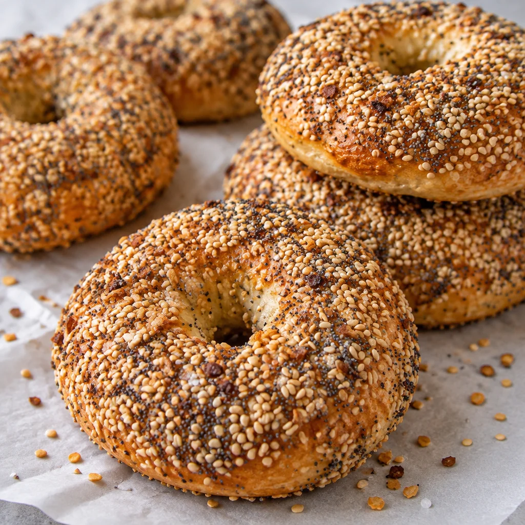 Freshly baked easy homemade everything bagels with a soft chewy texture.