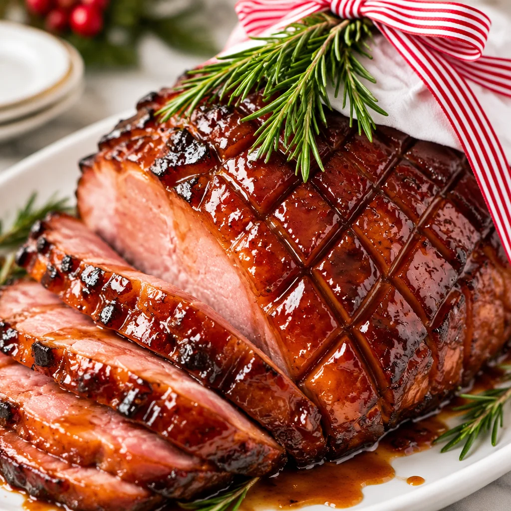 Delicious Easy Honey Baked Ham with a Glazed Brown Sugar topping.