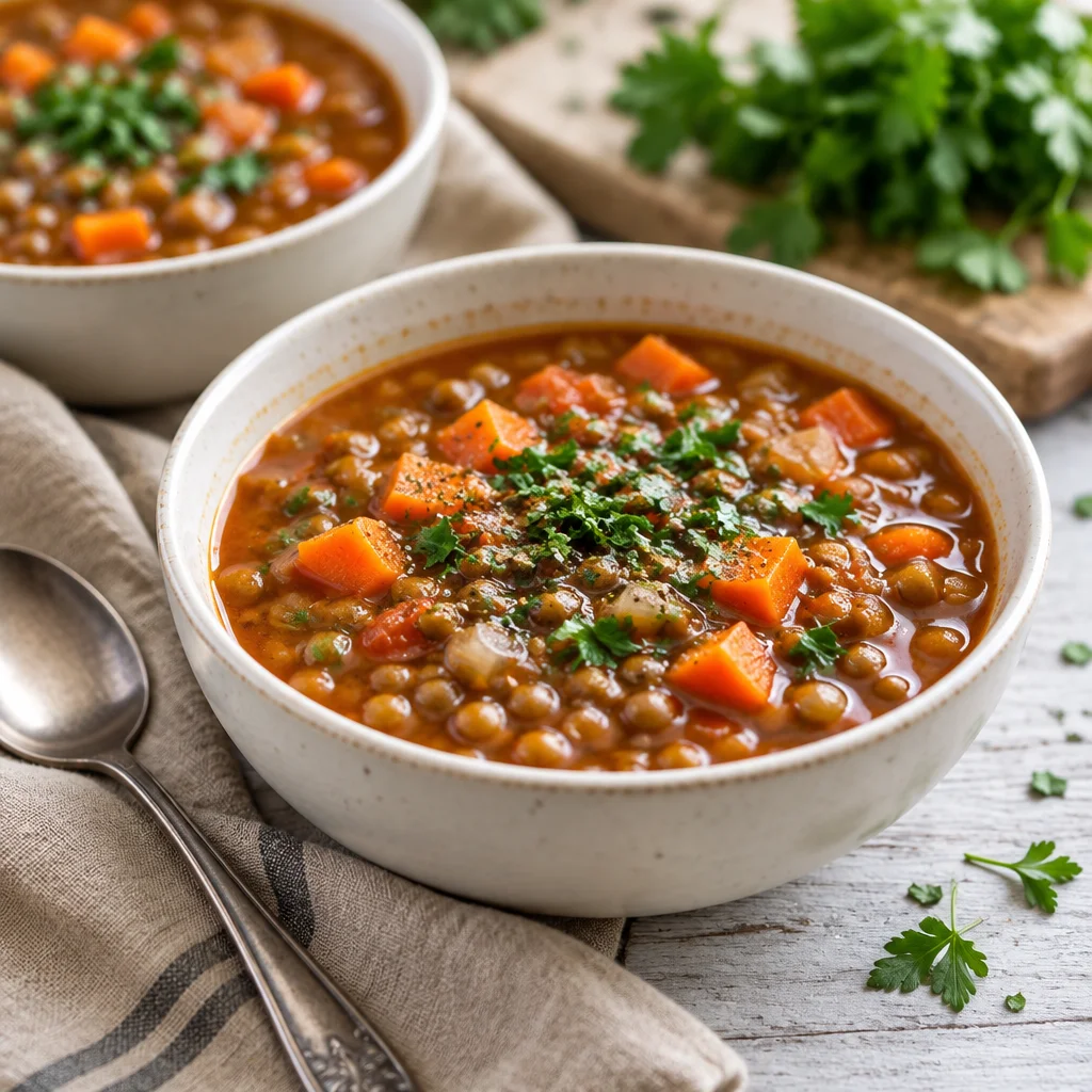 Bowl of easy lentil vegetable soup with fresh herbs and colorful diced vegetables