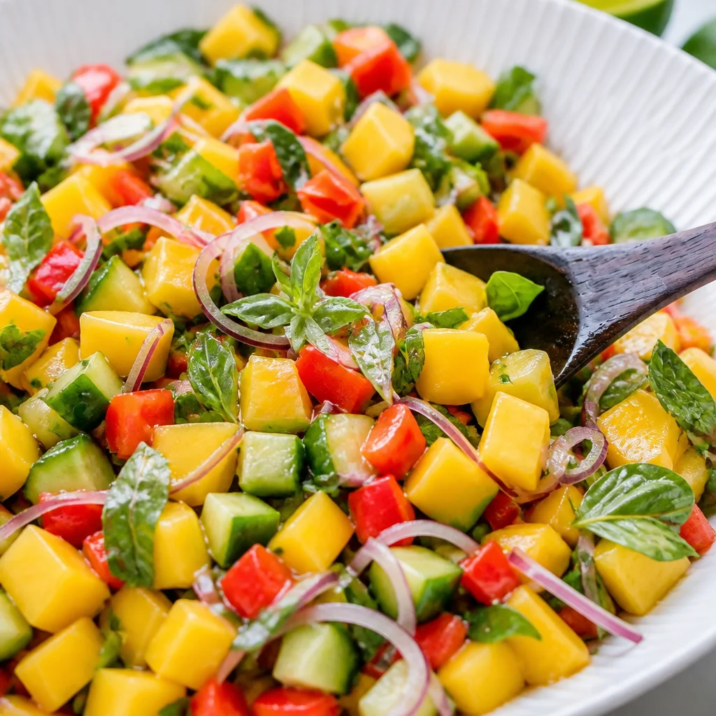 Easy mango salad with ripe mango, red onion, and a zesty lime dressing.