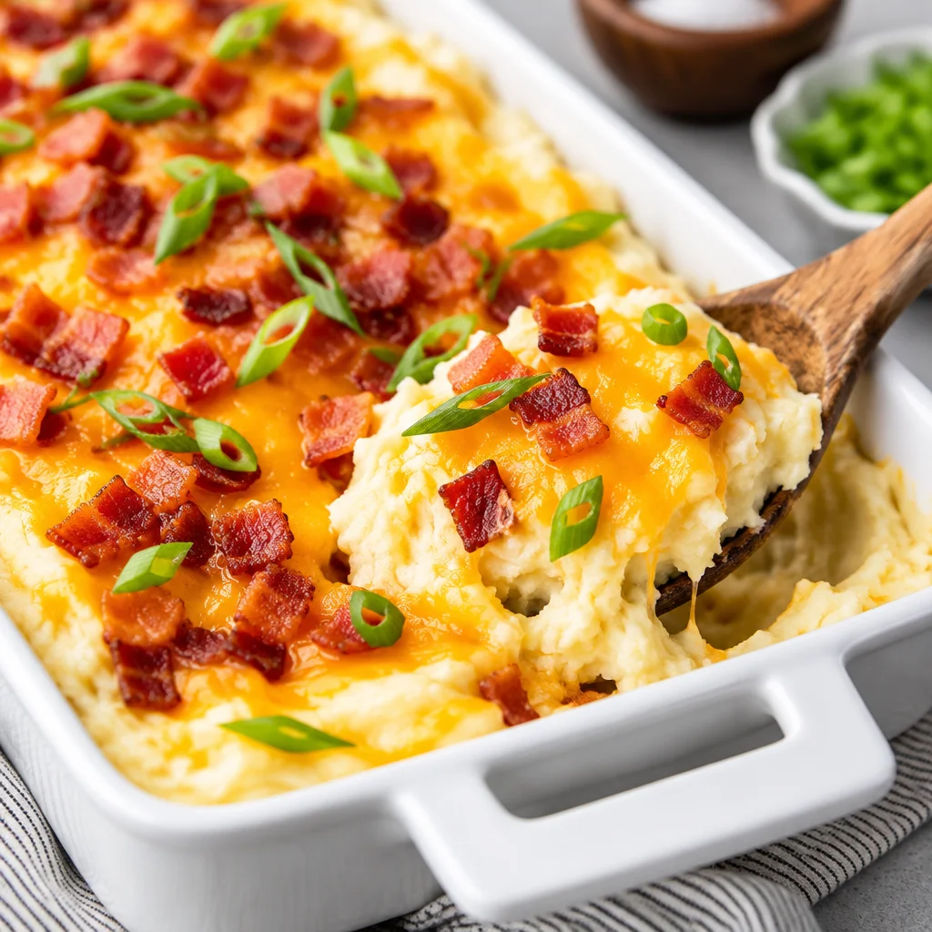 Easy Mashed Potato Casserole with cheese and bacon for a delicious side dish