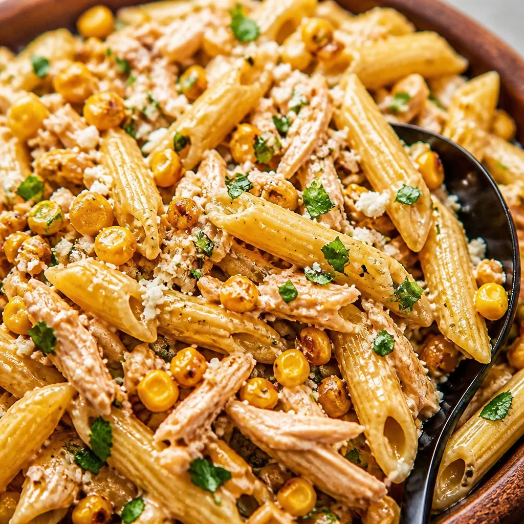 Bowl of Easy Mexican Street Corn Pasta Salad with fresh corn, cotija cheese, and dressing.
