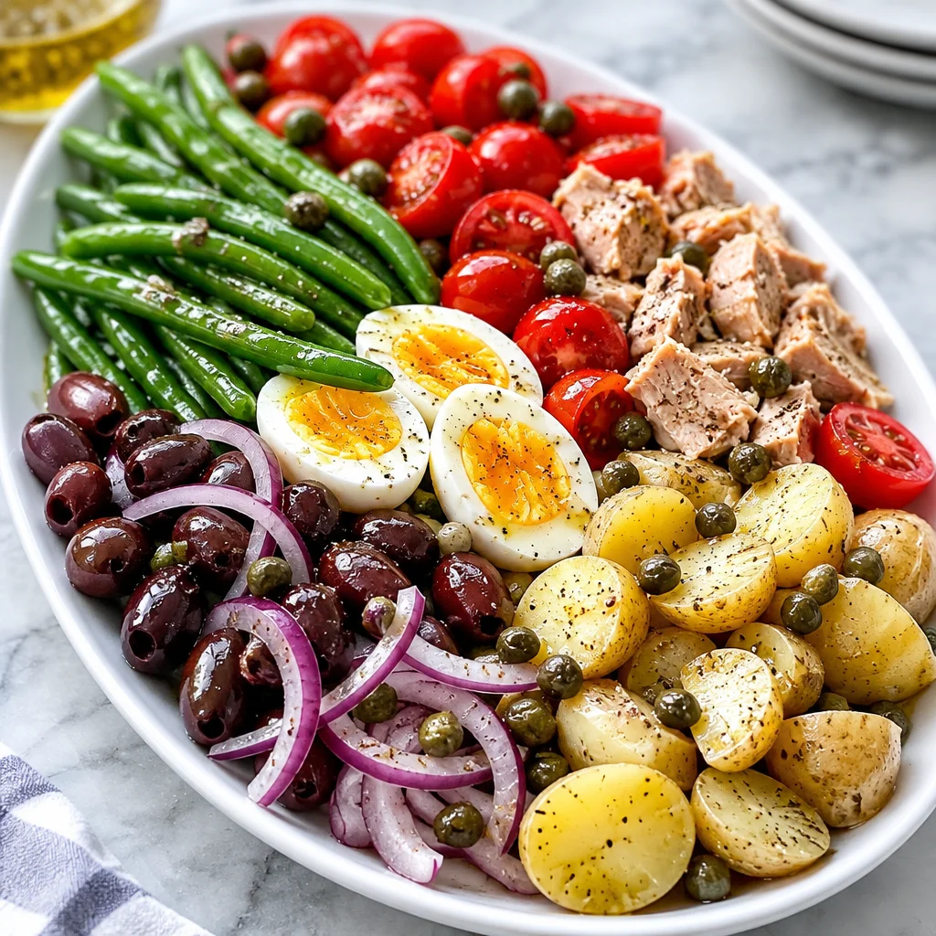 A vibrant Easy Nicoise Salad with tuna, fresh vegetables, and lemon dressing.
