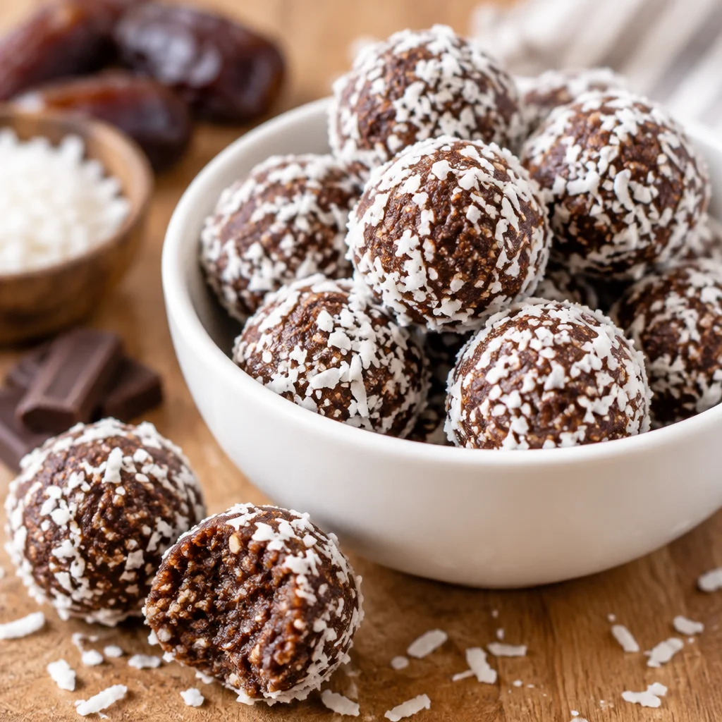 Delicious no-bake chocolate date balls made with healthy ingredients.