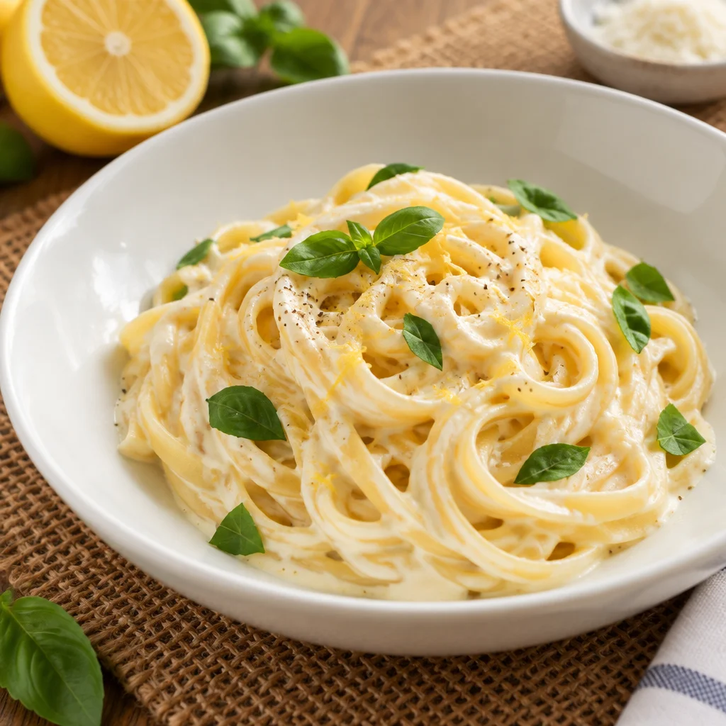 Creamy Lemon Ricotta Pasta topped with fresh basil and lemon zest in a bowl.