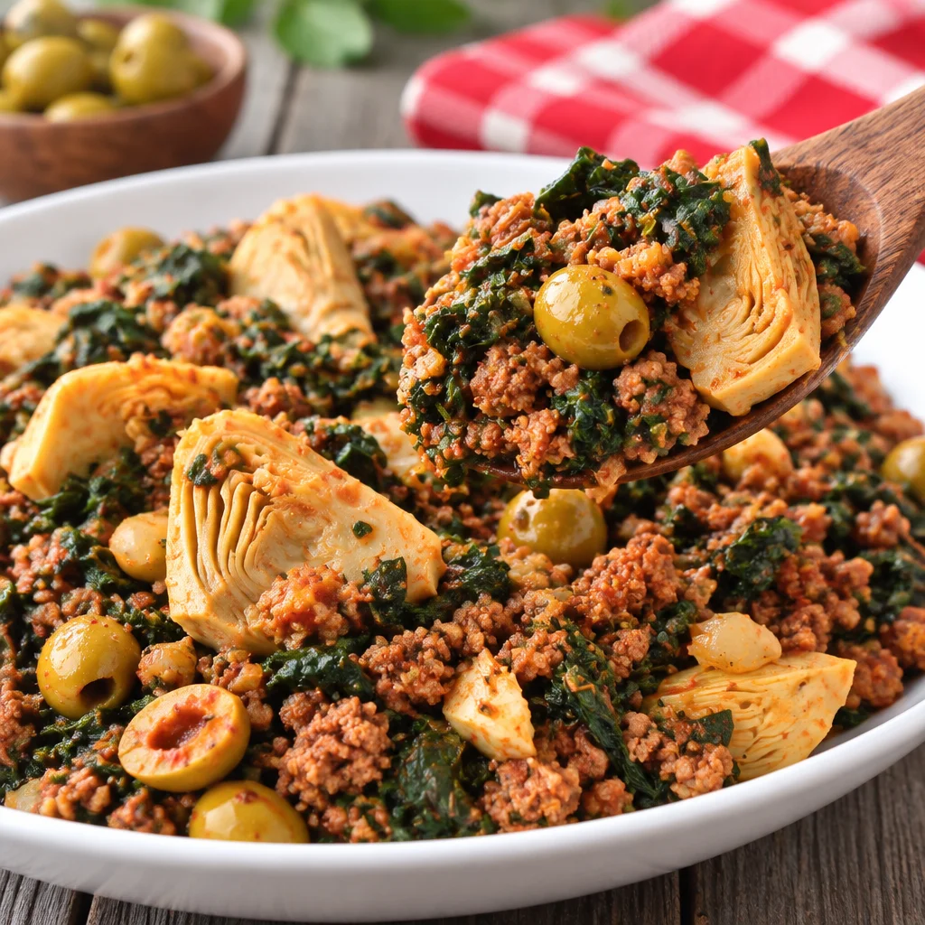 Easy One Pot Moussaka with Beef and Eggplant in a rich tomato rice pilaf.