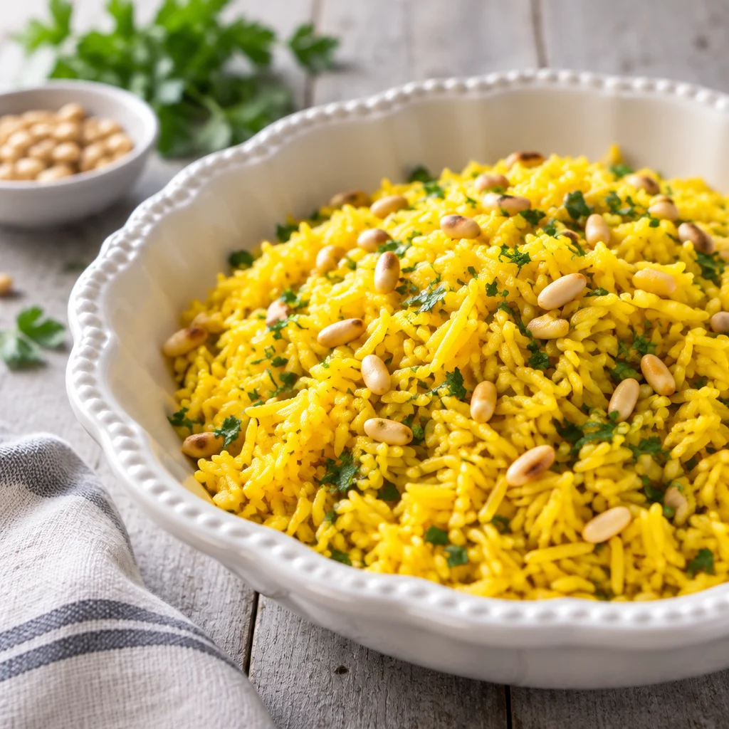 A bowl of Mediterranean rice pilaf with spices and nuts, beautifully presented.