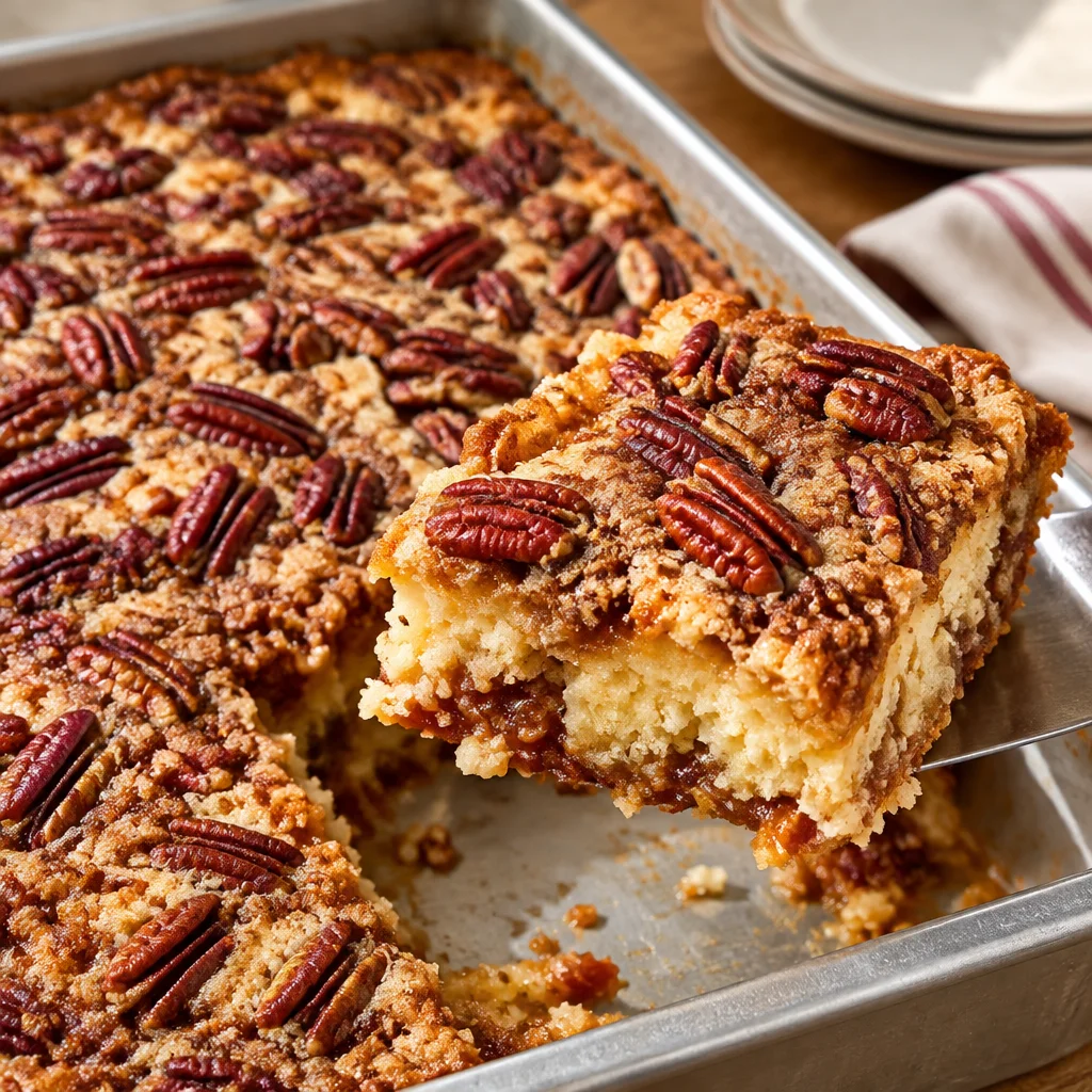 Delicious Easy Pecan Pie Dump Cake served warm with a scoop of ice cream.