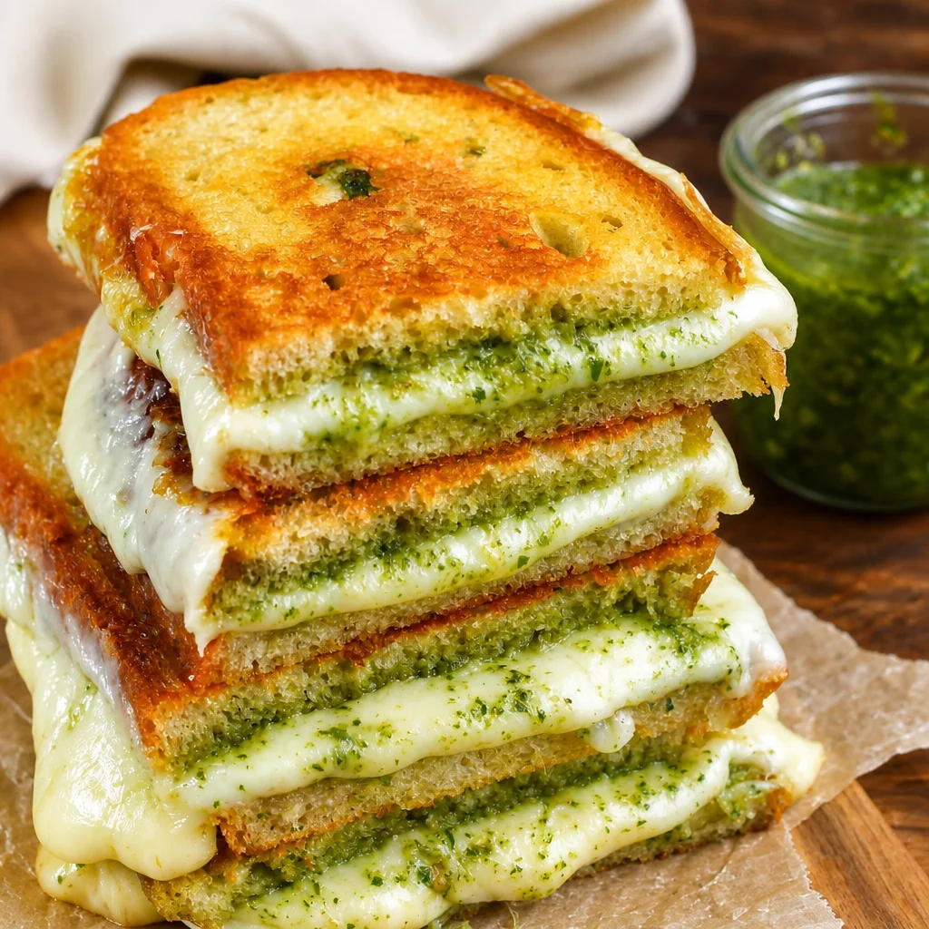 Easy Pesto Grilled Cheese — Crispy Gourmet Sandwich with melted cheese and fresh pesto