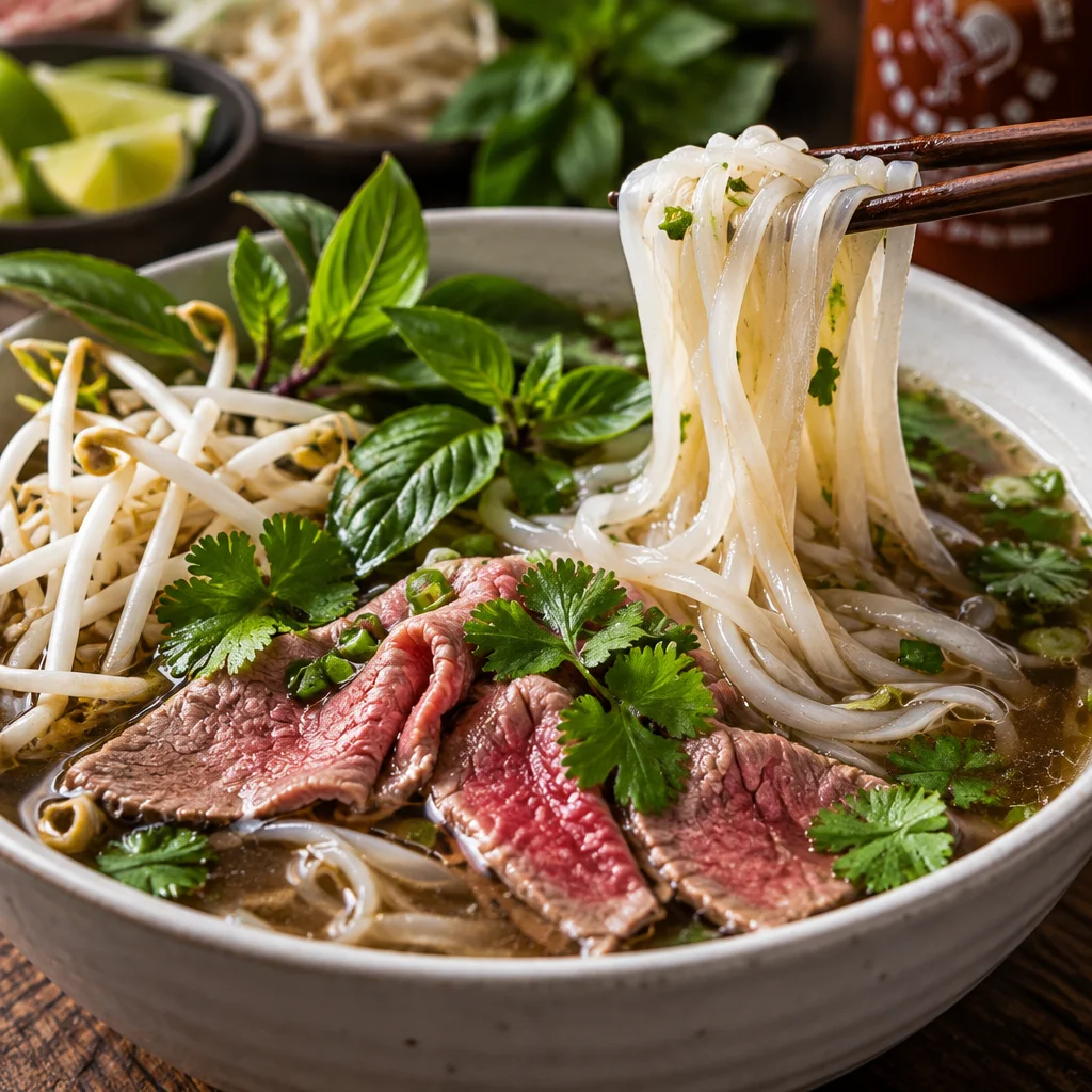 Bowl of vibrant Easy Pho Recipe with noodles, broth, and fresh herbs.