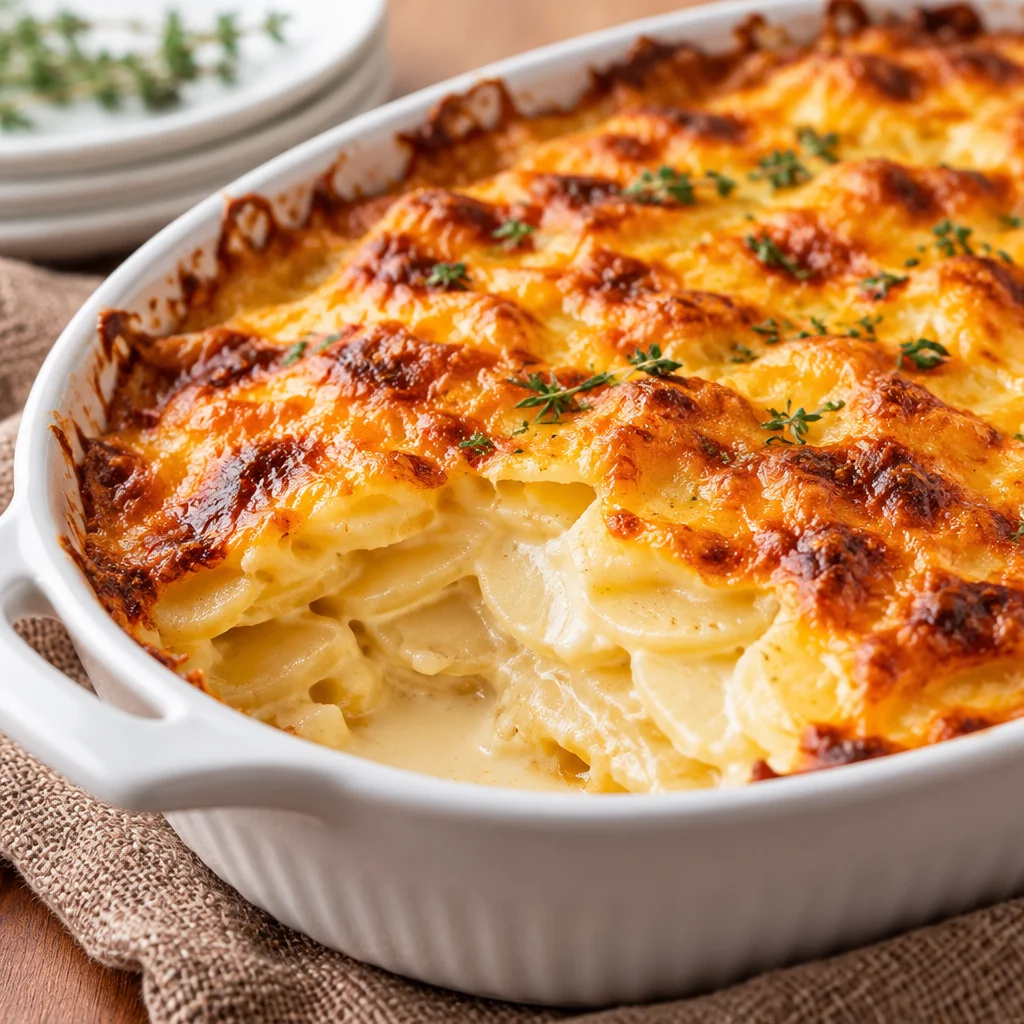 Creamy and cheesy potatoes au gratin baked to perfection with a rich cheese sauce