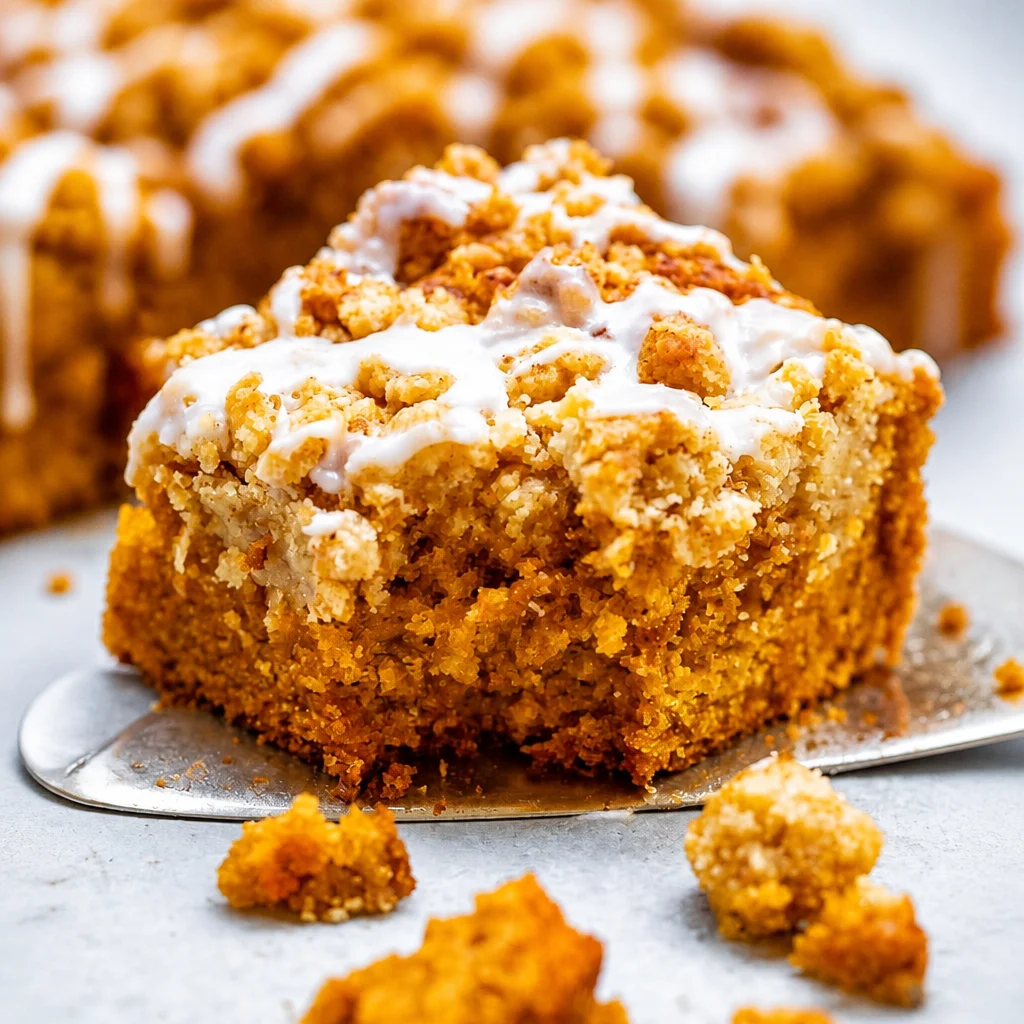 Easy Pumpkin Coffee Cake topped with crumbly brown sugar cinnamon topping.