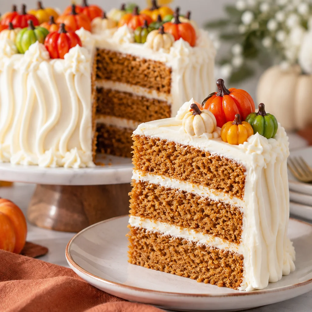 Delicious pumpkin spice cake topped with cream cheese frosting, perfect for fall.