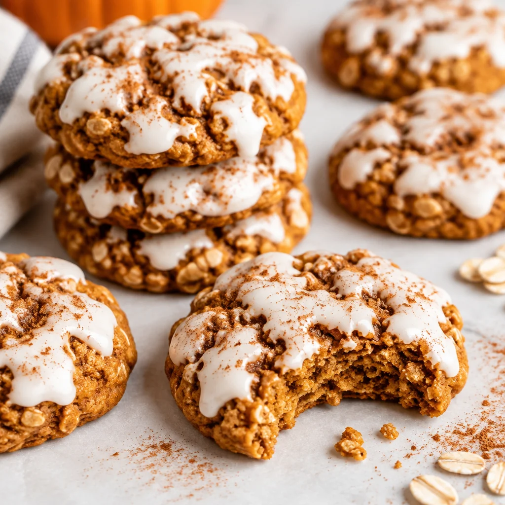 Batch of soft and chewy easy pumpkin oatmeal cookies on a baking sheet.