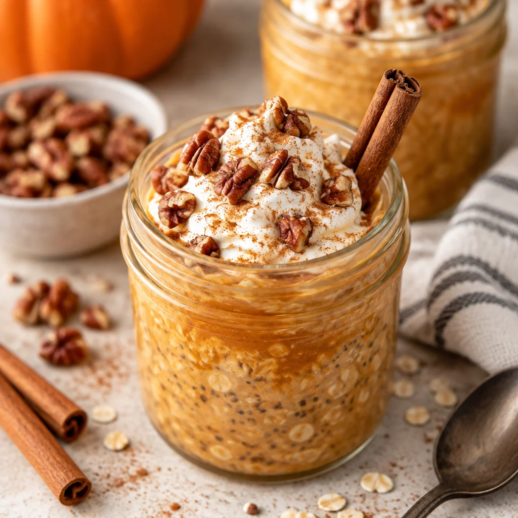 Delicious and creamy pumpkin overnight oats topped with spices and pumpkin seeds.