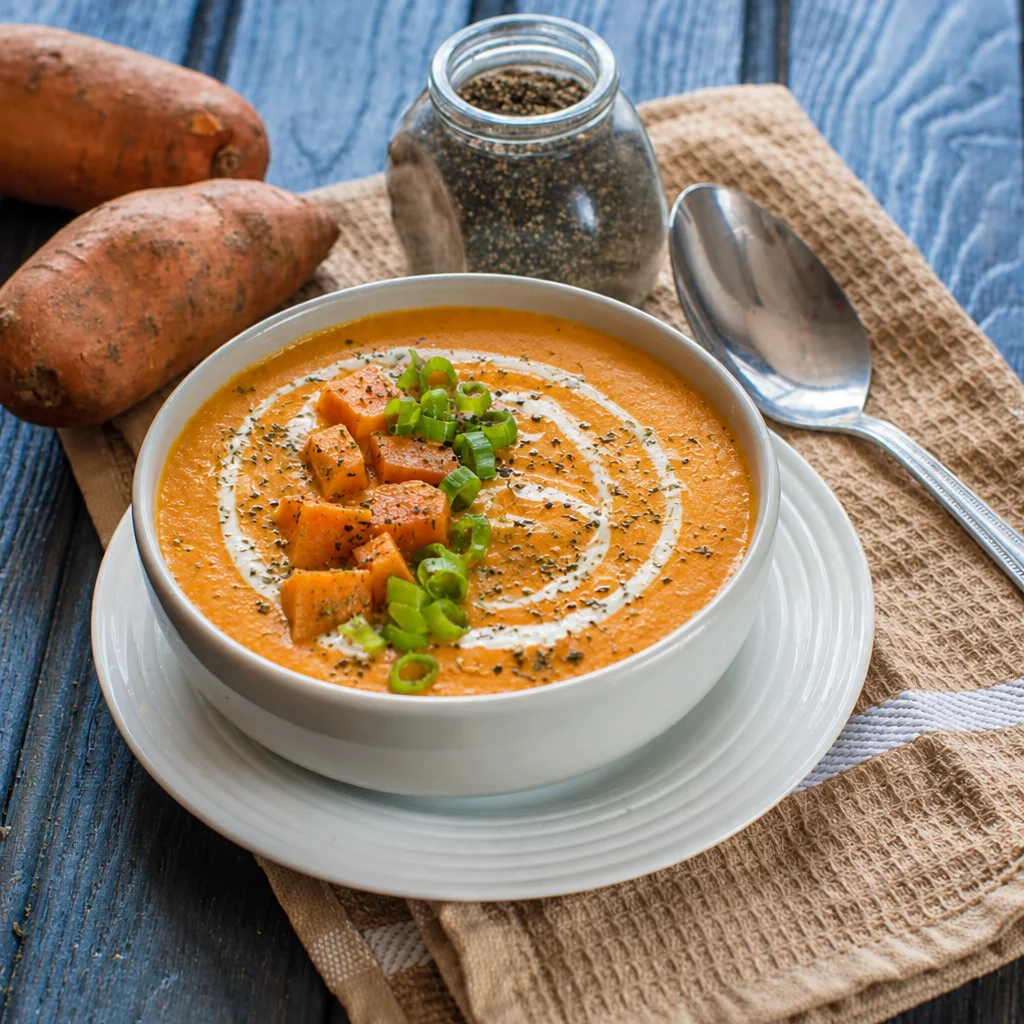 Bowl of Easy Pumpkin Sweet Potato Soup garnished with herbs and spices.