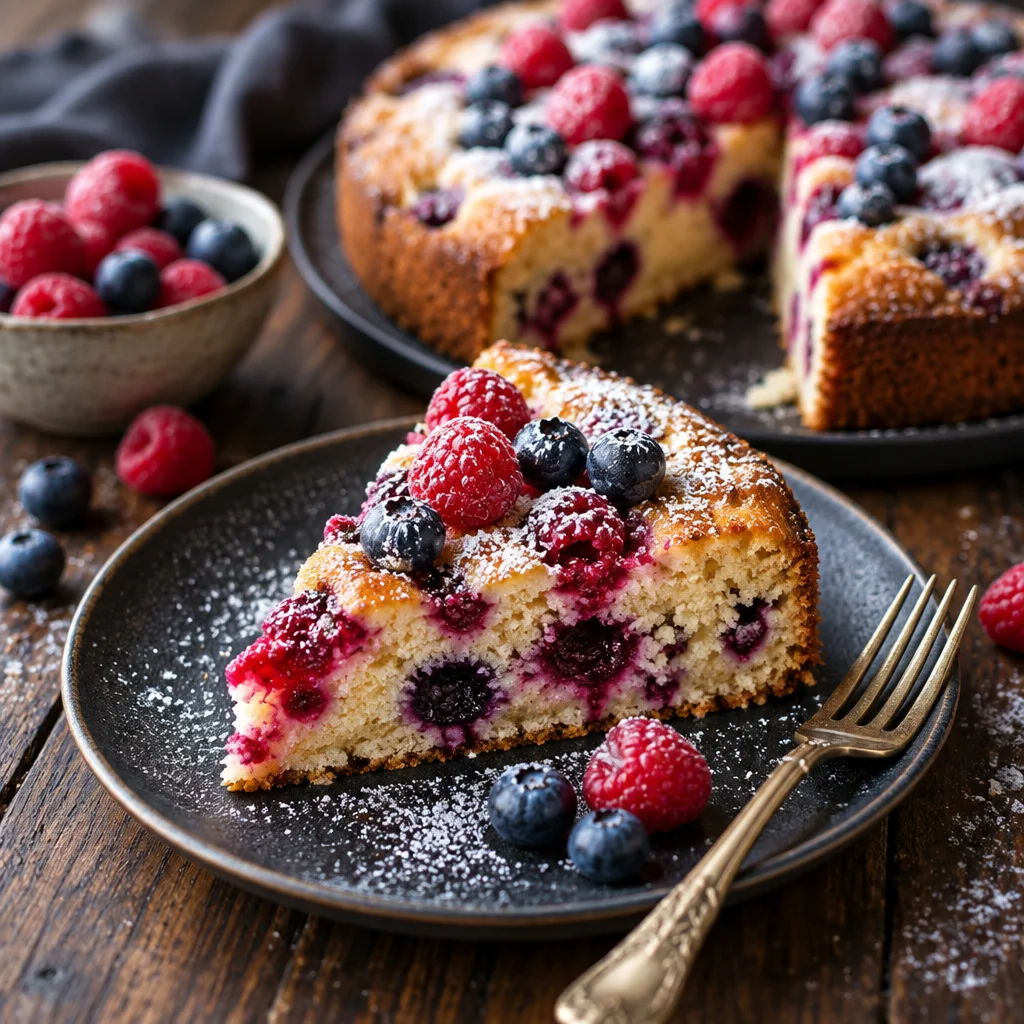 Easy Raspberry Lemon Cake, high protein recipe with fresh berries and lemon flavor.