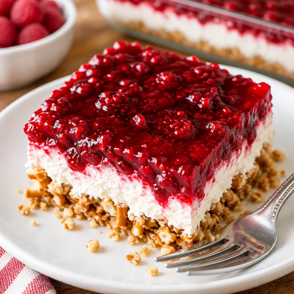 Delicious Easy Raspberry Pretzel Salad with layers of pretzel crust, cream cheese, and raspberry jello.