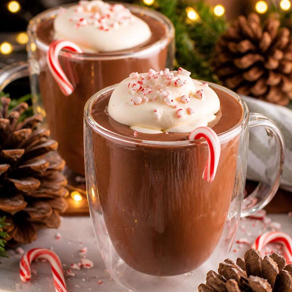 Easy Rich Christmas Hot Cocoa served in a festive mug with whipped cream and chocolate shavings.