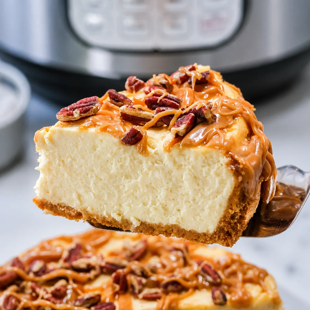 Delicious Easy Salted Caramel Cheesecake made in the Instant Pot, topped with salted caramel sauce.