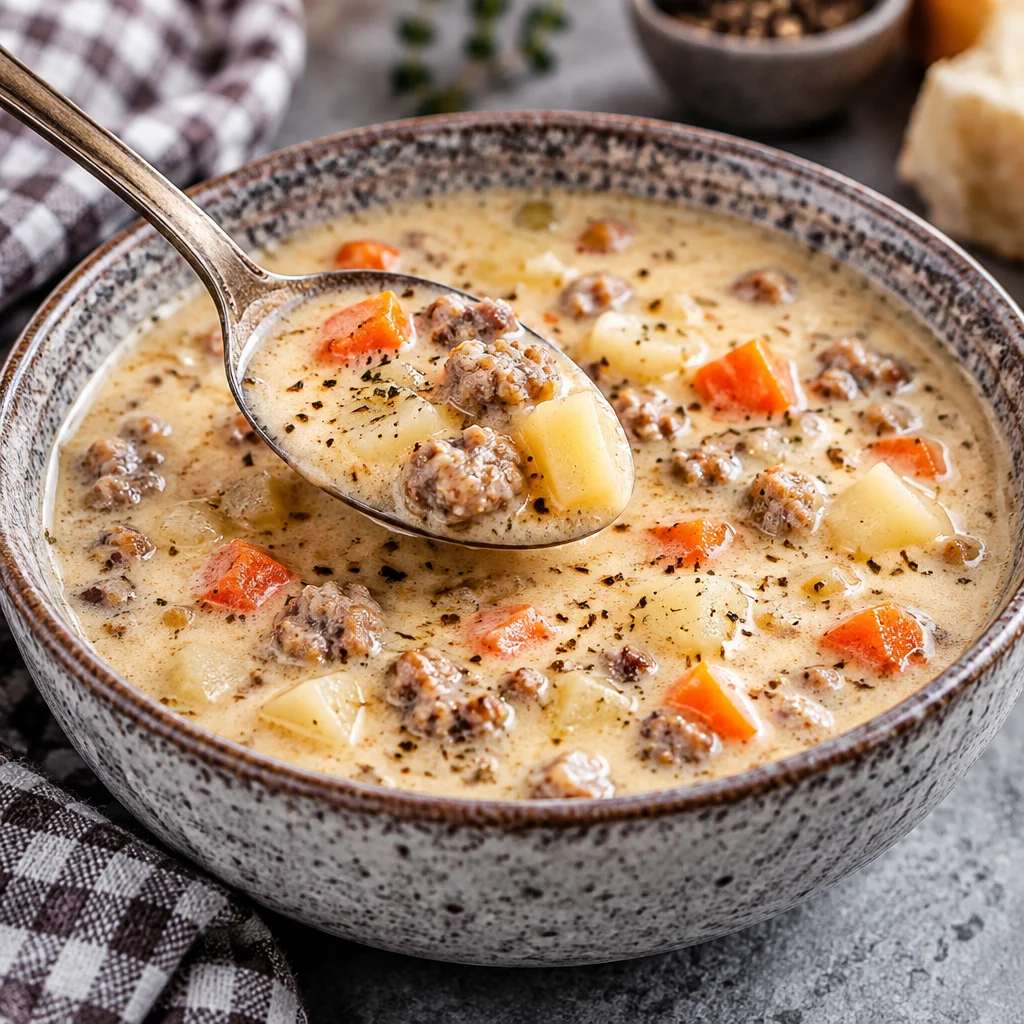 Delicious creamy sausage and potato soup in a bowl with fresh herbs