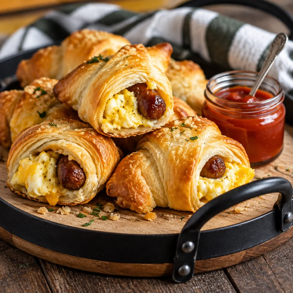 Easy Sausage Egg Breakfast Rolls filled with sausage, eggs, and cheese in flaky dough.