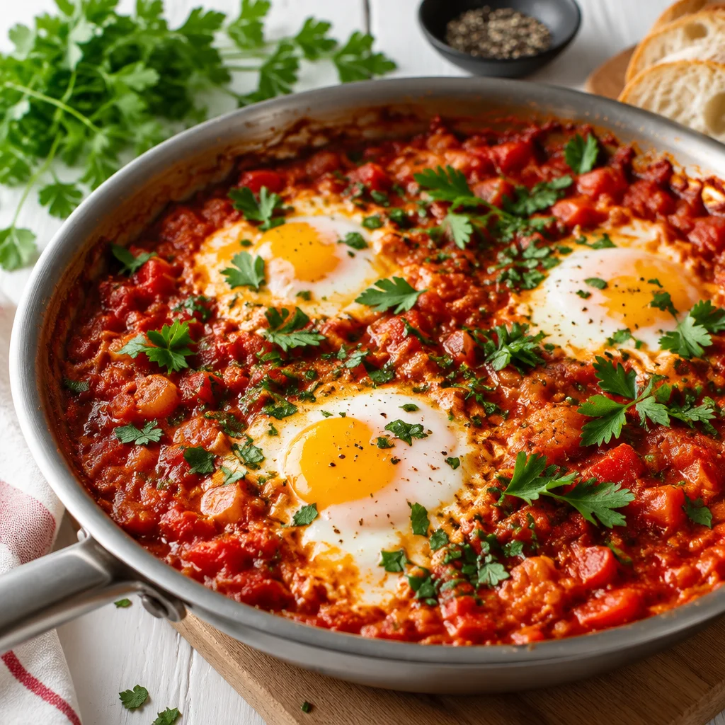Easy Shakshuka recipe featuring poached eggs in spiced tomato sauce