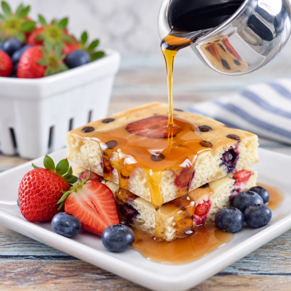 Delicious sheet pan pancakes ready to serve with maple syrup and berries.