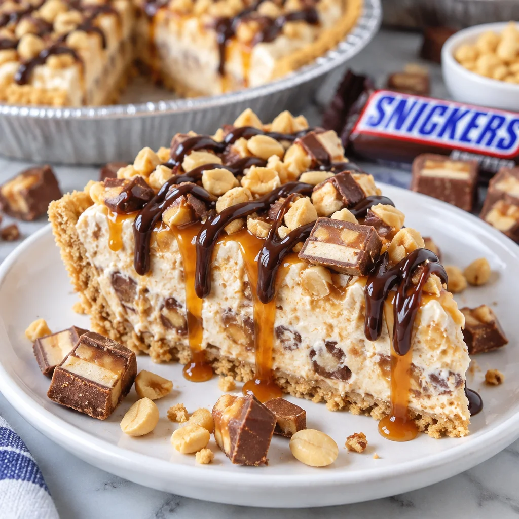 Delicious Easy Snickers Pie Recipe — No Bake with creamy filling and chopped Snickers bars.
