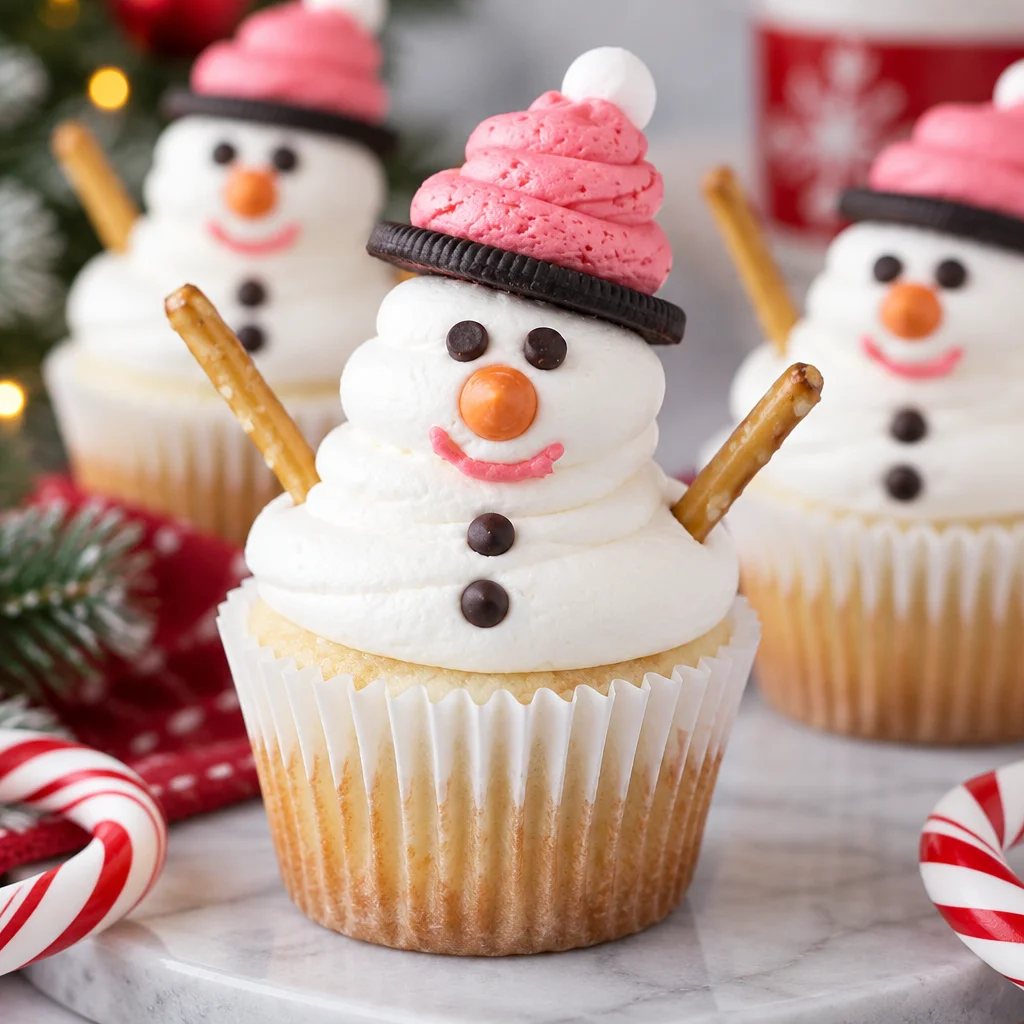 Delicious snowman cupcakes decorated with marshmallows and frosting for winter treats.
