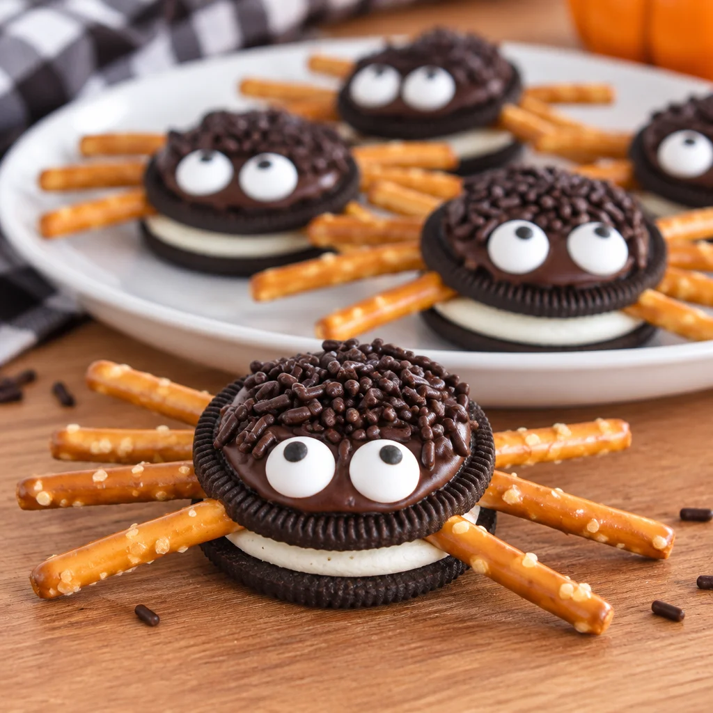 Easy Spider Cookies made with Oreo cookies, pretzel legs, and candy eyes for Halloween.