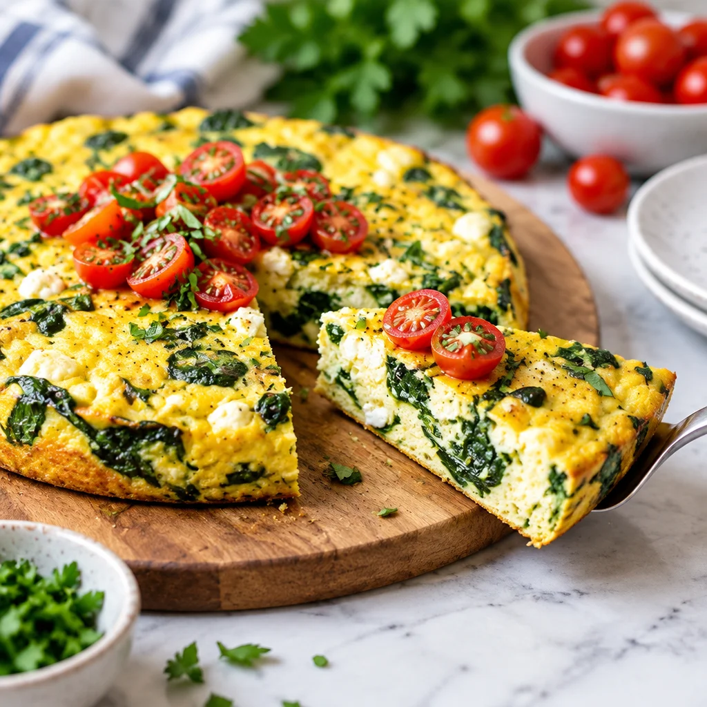 Delicious and healthy spinach feta frittata ready to serve for breakfast or brunch.