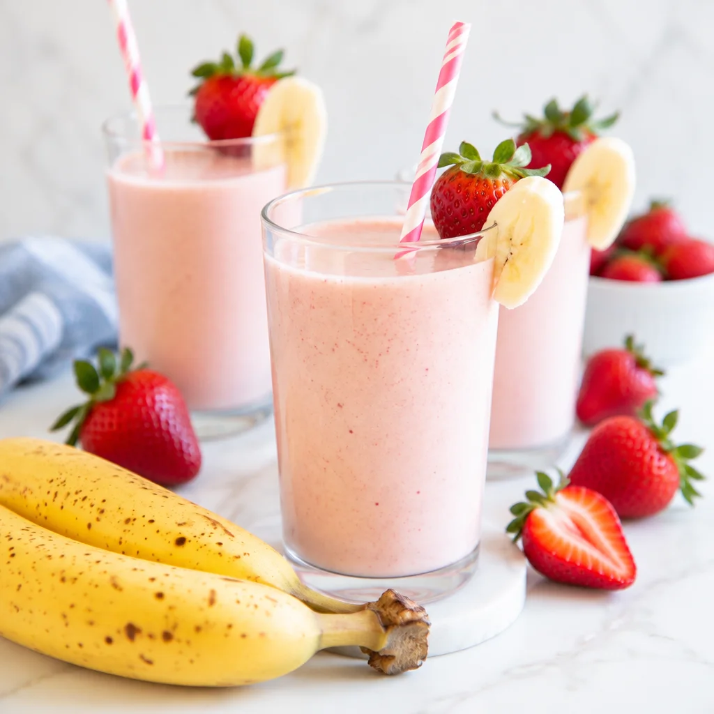 A refreshing Easy Strawberry Banana Smoothie made with strawberries and bananas.