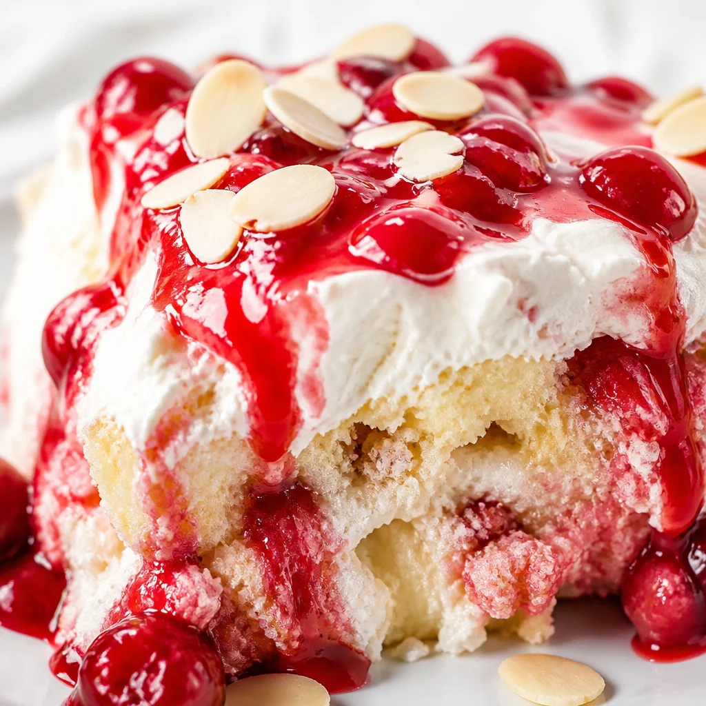 Slice of Easy Strawberry Earthquake Cake with cream cheese swirl and strawberry topping