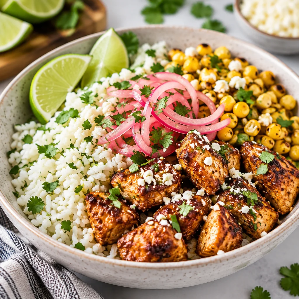 Delicious easy street corn chicken rice bowl with chicken, corn, and lime rice.