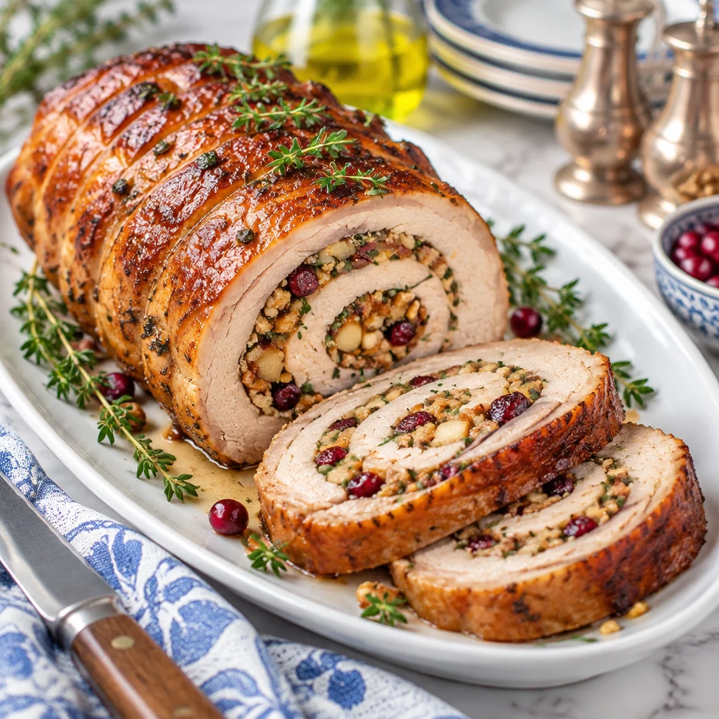 Easy Stuffed Pork Loin Recipe with Cranberry and Apple, beautifully arranged on a plate.