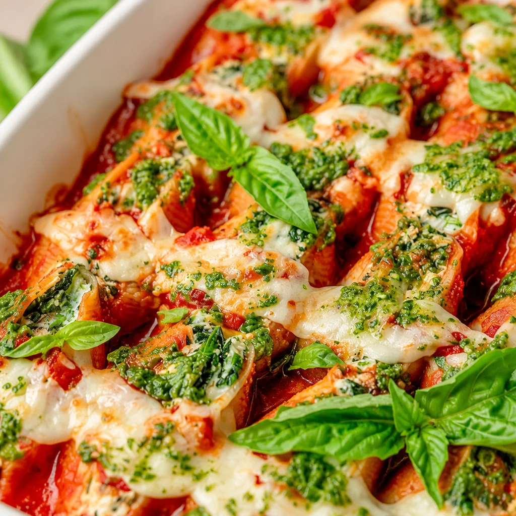 Easy stuffed shells recipe with spinach and ricotta cheese baked in marinara sauce.