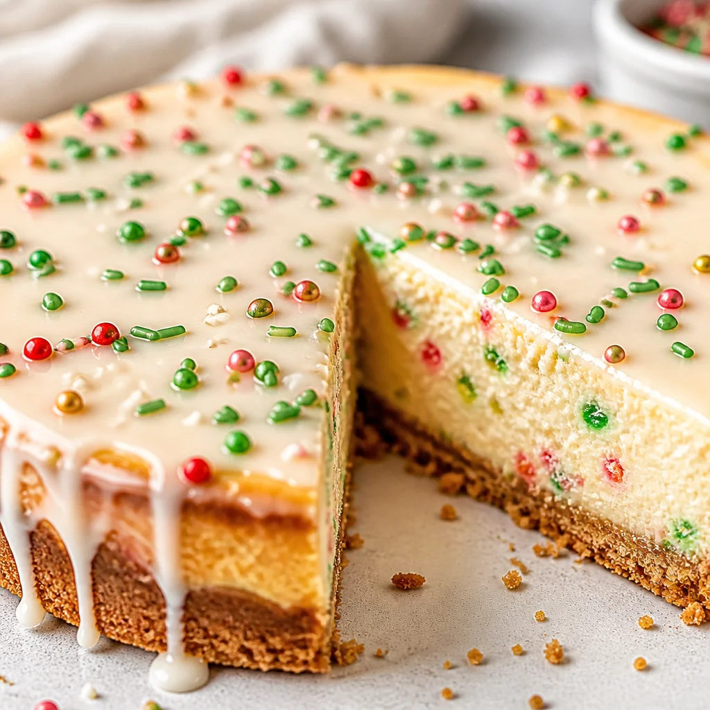 Slice of Easy Sugar Cookie Cheesecake with a cookie crust and sprinkles on top.