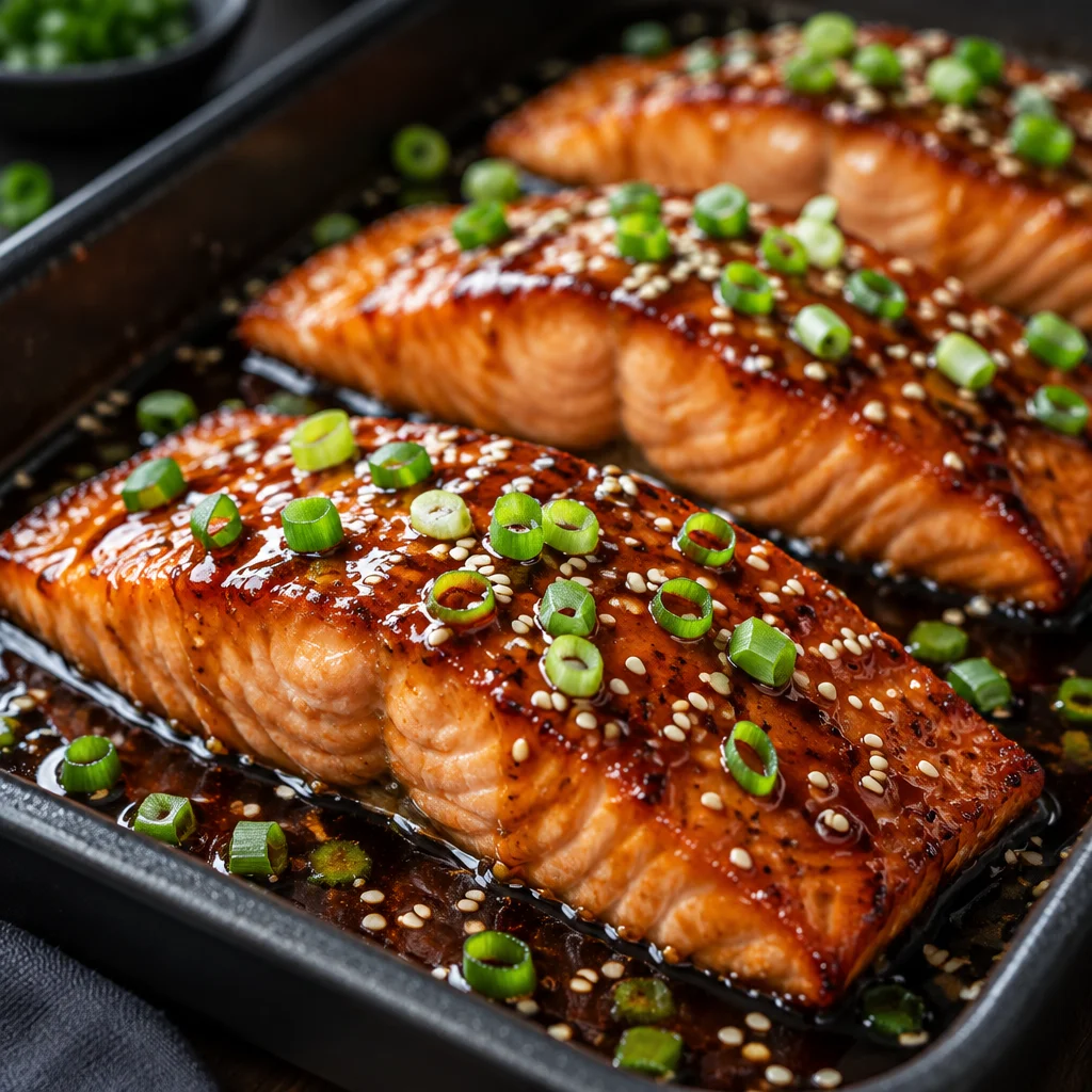 Baked teriyaki salmon fillets garnished with herbs