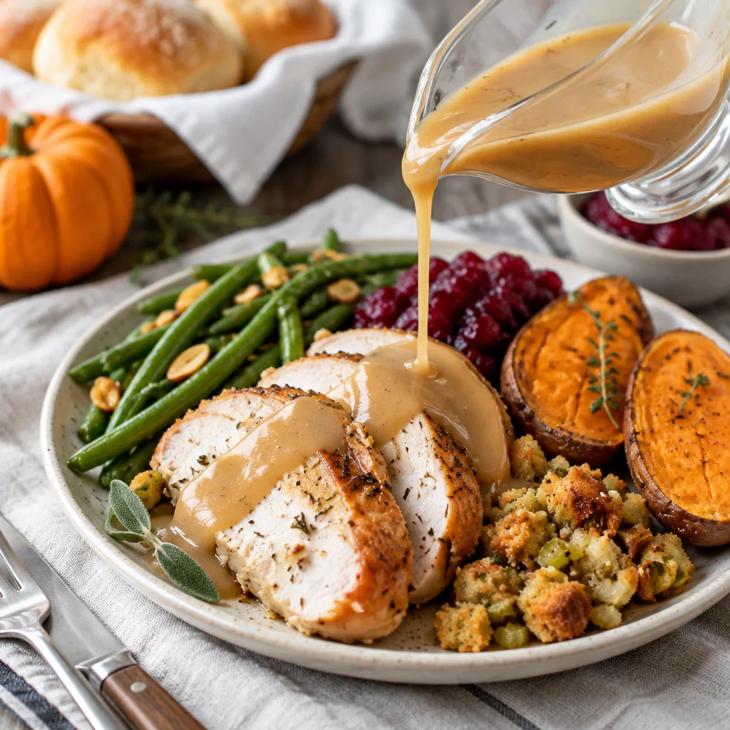 A beautifully plated Thanksgiving dinner for two with turkey and traditional sides.
