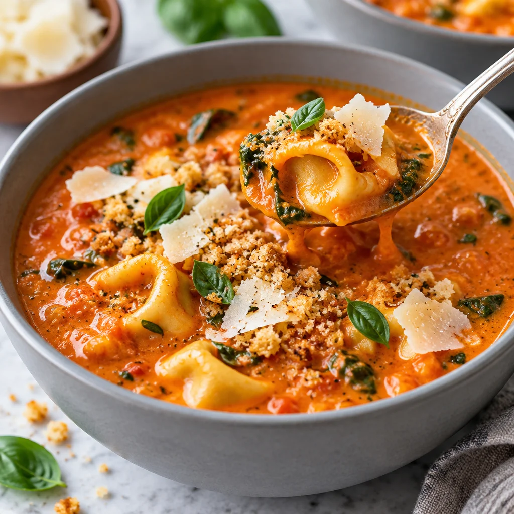 Creamy spinach tortellini soup in a bowl, garnished with Parmesan cheese.