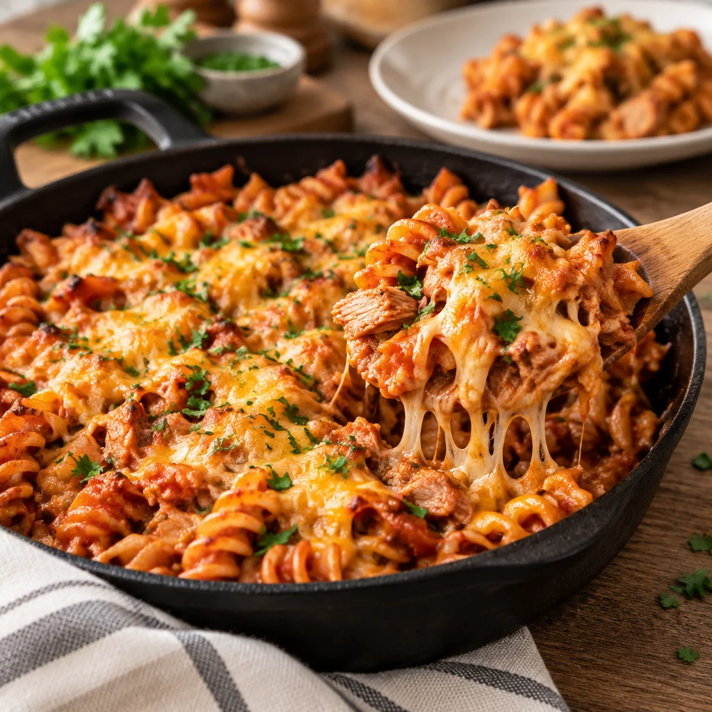 Creamy tuna pasta bake topped with melted cheese and served in a baking dish.