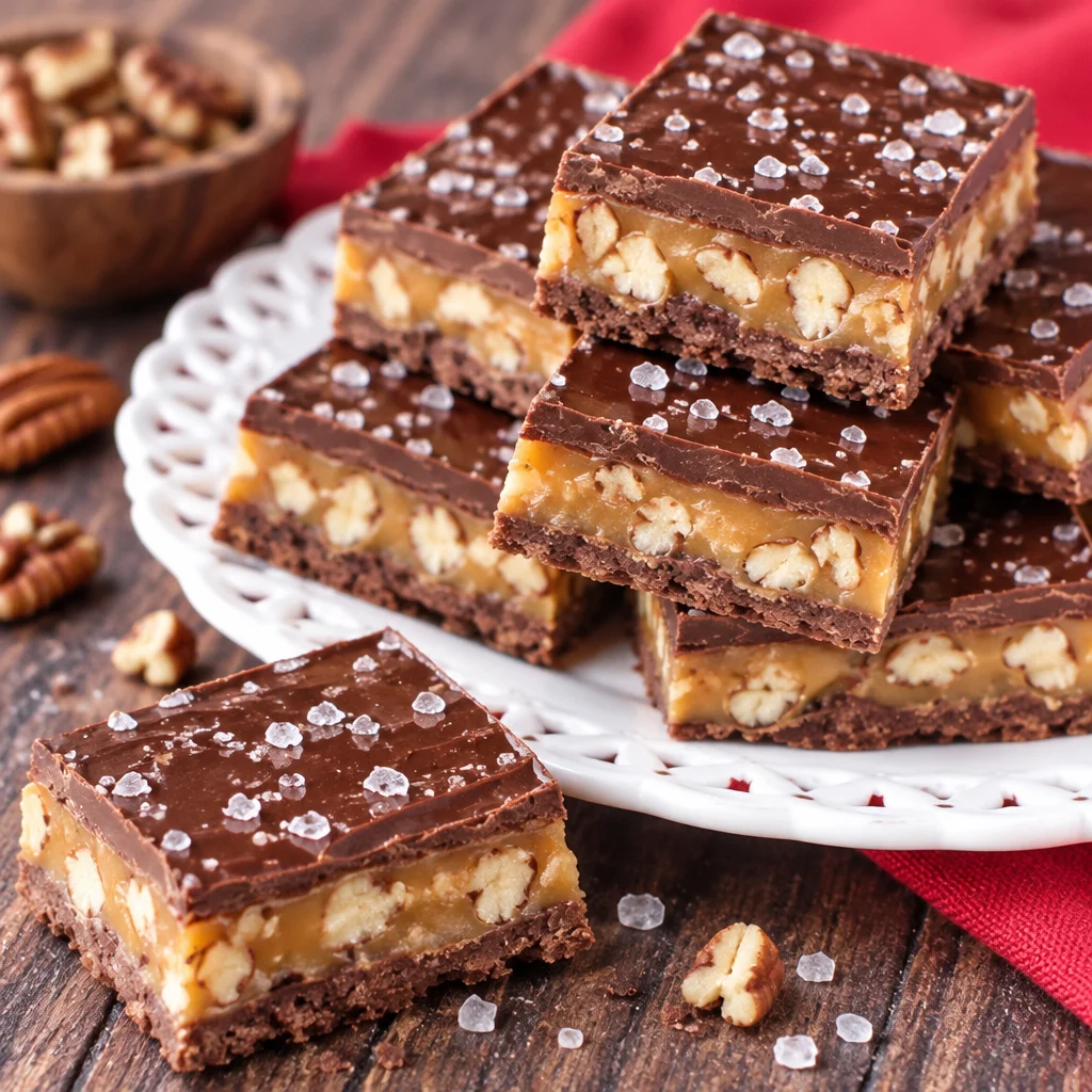 Easy Turtle Bars Recipe with chocolate, pecan, and caramel layers on a buttery crust.
