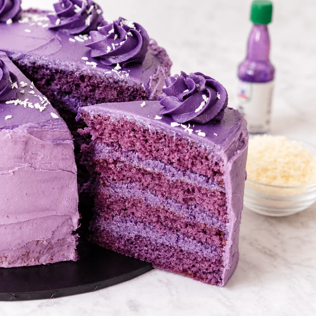 Slice of Easy Ube Cake with ube buttercream frosting on a plate.