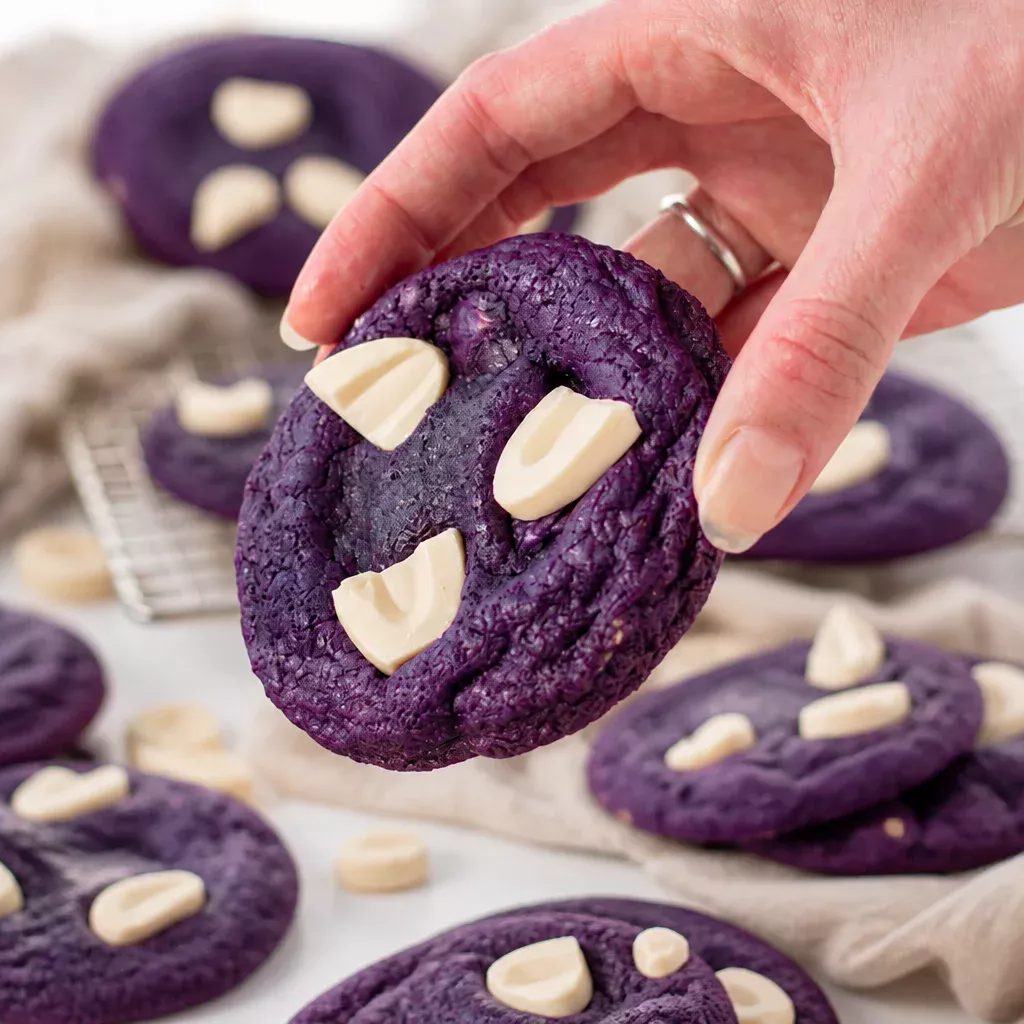 Easy Ube Cookies with chewy purple yam flavor, showcasing a delightful purple hue.