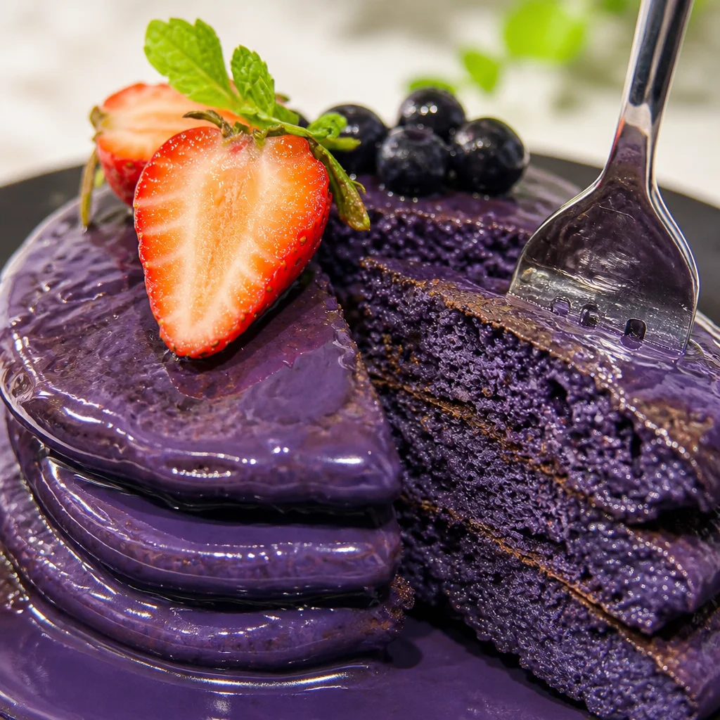 Fluffy easy ube pancakes served with coconut cream, a vibrant purple breakfast delight.